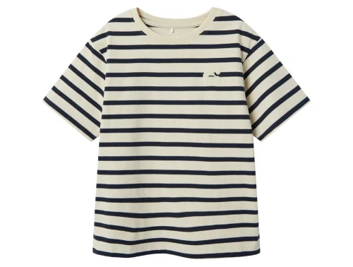 Råhvid t-shirt med mørkeblå striber og logobroderi fra name It Kids 13240705 white swan